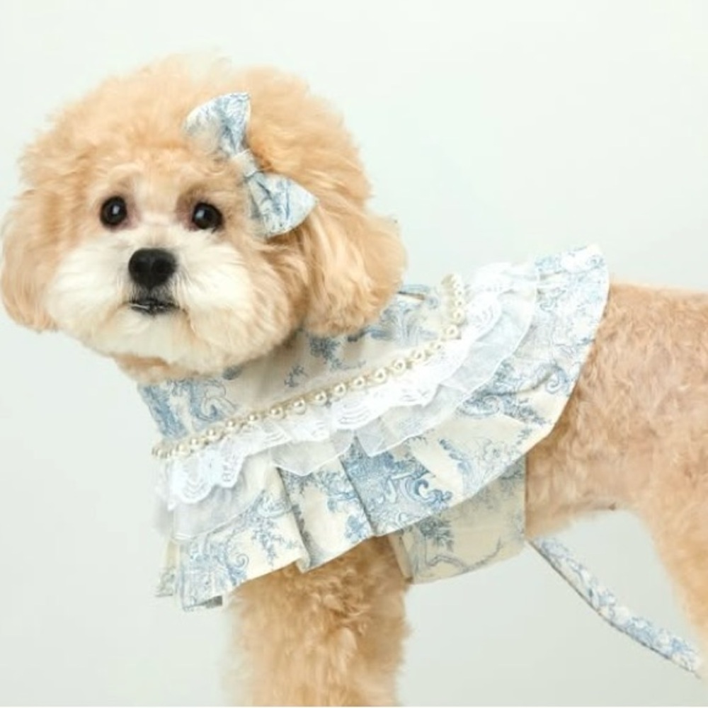 LUXURY DOG HARNESS BLUE WHITE FLORAL PRINT PEARL STRAP ADJUSTABLE SIZE MEDIUM